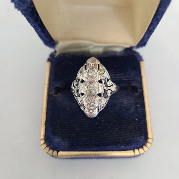 Antique 18K White Gold Art Deco Shield Ring with Diamonds and Sapphires - Picture 2 of 15